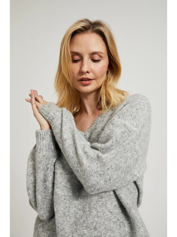 Moodo Glatki džemper s V-izrezom i rebrima sive boje Moodo