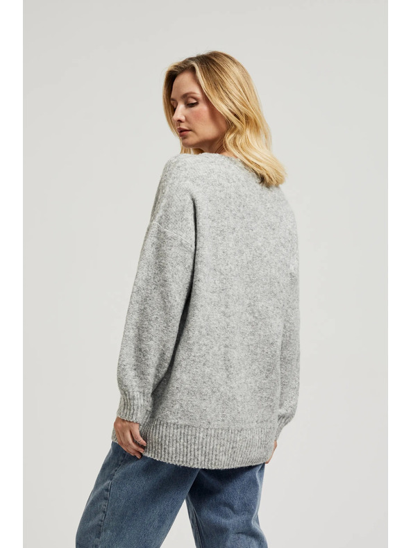 Moodo Glatki džemper s V-izrezom i rebrima sive boje Moodo
