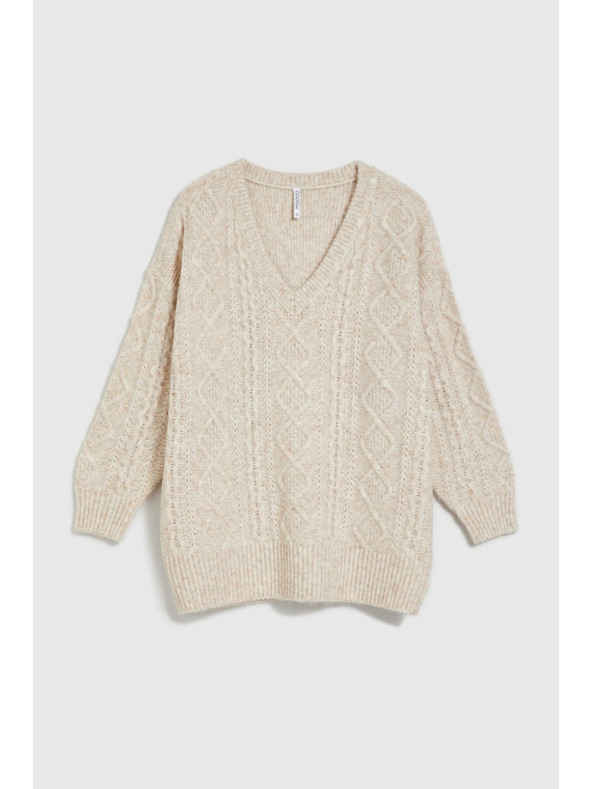Moodo Pleteni bež džemper s V-izrezom Moodo