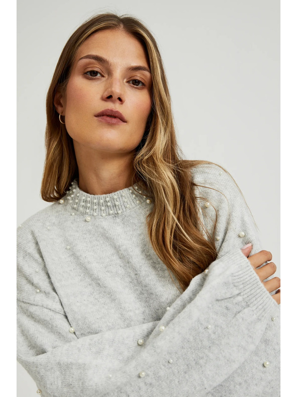 Moodo Džemper ukrašen perlicama sive boje Moodo