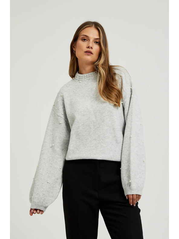 Moodo Džemper ukrašen perlicama sive boje Moodo