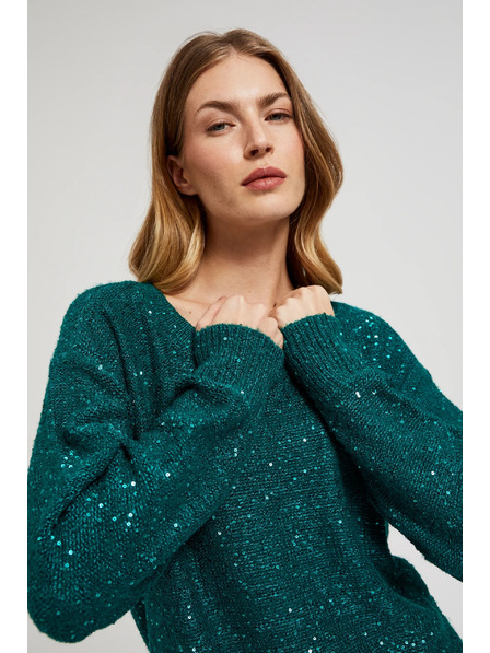 Moodo Džemper s šljokicama i okruglim izrezom zelene boje Moodo