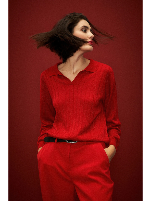 Moodo Džemper s ovratnikom i metalnom niti crvene boje Moodo