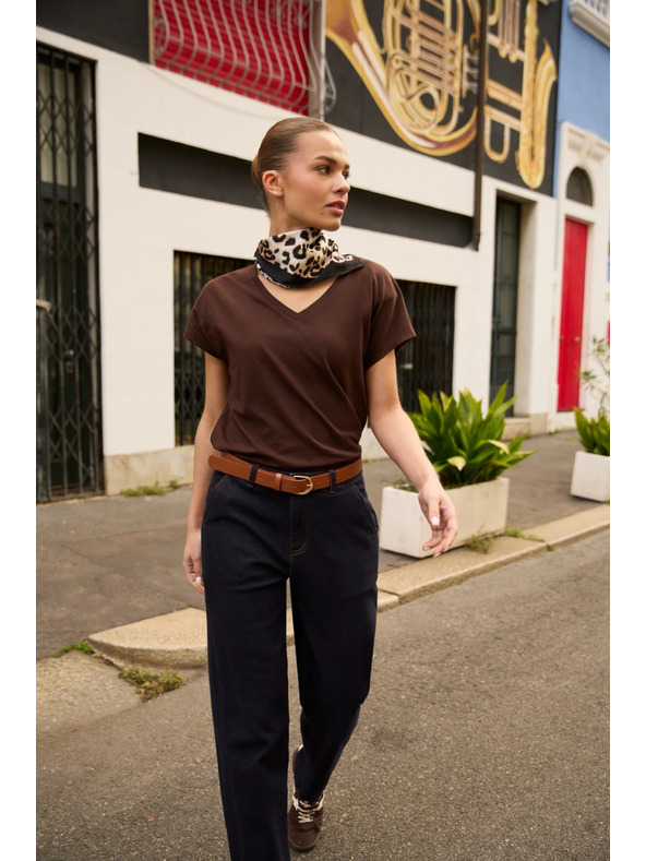 Moodo Pamučna majica sa V izrezom smeđa Moodo