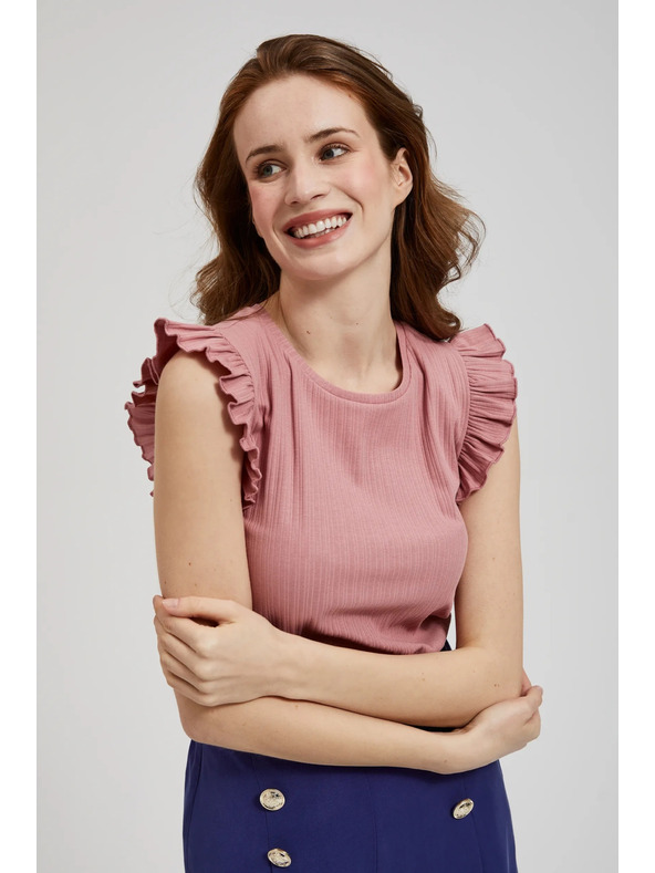 Moodo Žljebljena bluza s volanom na ramenima ružičasta Moodo