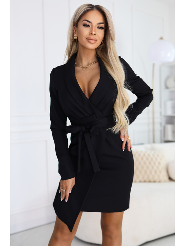 numoco Elegantne sako haljine s pojasom i asimetričnom rubom - crne
