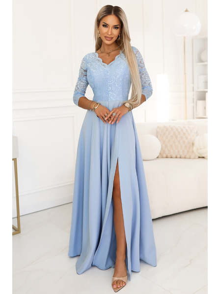 numoco AMBER Elegantna dugačka čipkasta haljina s izrezom - svijetlo plava