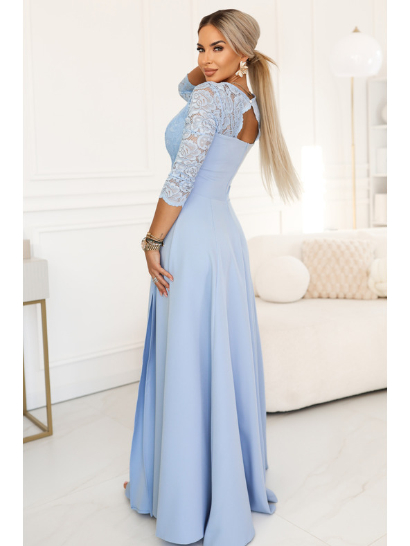 numoco AMBER Elegantna dugačka čipkasta haljina s izrezom - svijetlo plava