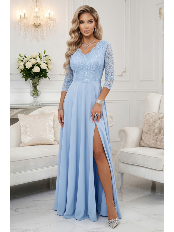 numoco AMBER Elegantna dugačka čipkasta haljina s izrezom - svijetlo plava