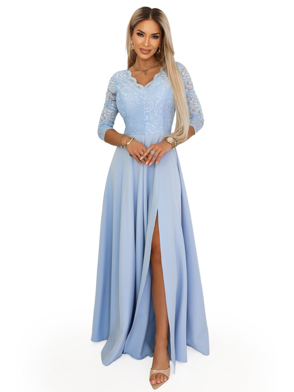 numoco AMBER Elegantna dugačka čipkasta haljina s izrezom - svijetlo plava