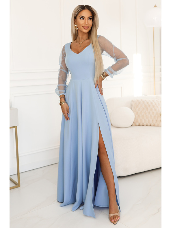 numoco LORETTA Jedinstvena dugačka haljina s til rukavima i izrezom - svijetlo plava