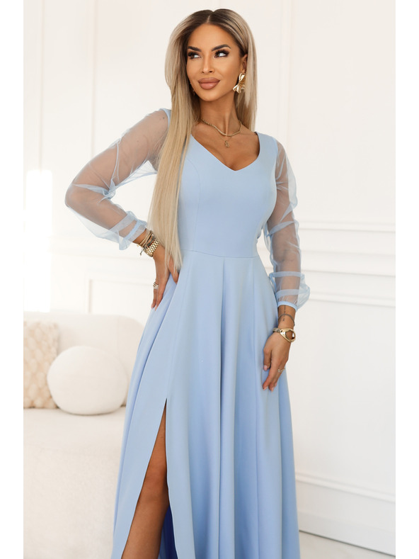 numoco LORETTA Jedinstvena dugačka haljina s til rukavima i izrezom - svijetlo plava