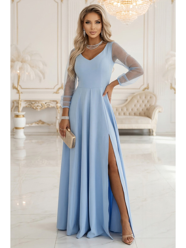 numoco LORETTA Jedinstvena dugačka haljina s til rukavima i izrezom - svijetlo plava