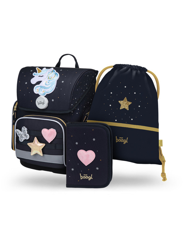 BAAGL  BAAGL SET 3 Ergo Unicorn Gold: školska torba, pernica, vrećica