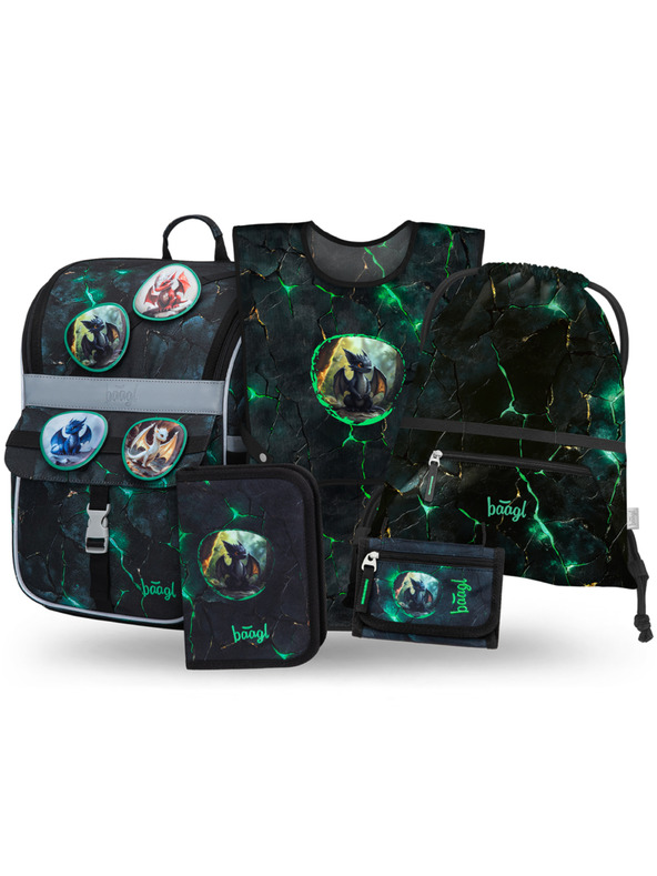 BAAGL  BAAGL SET 5 Zippy Zmajevi: aktovka, pernica, vrećica, pregača, novčanik