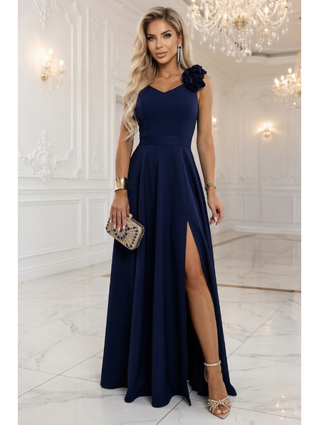 numoco Elegantne večernje maxi haljine s prorezom i ružama - mornarsko plava