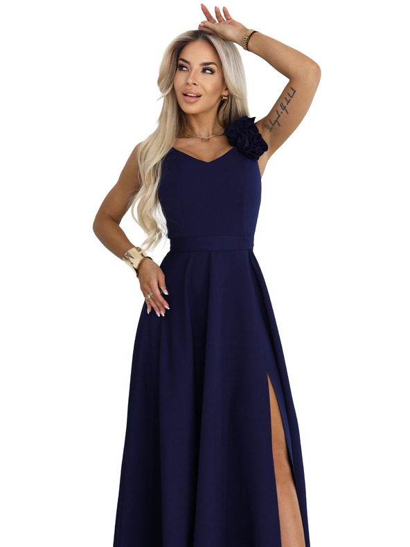 numoco Elegantne večernje maxi haljine s prorezom i ružama - mornarsko plava