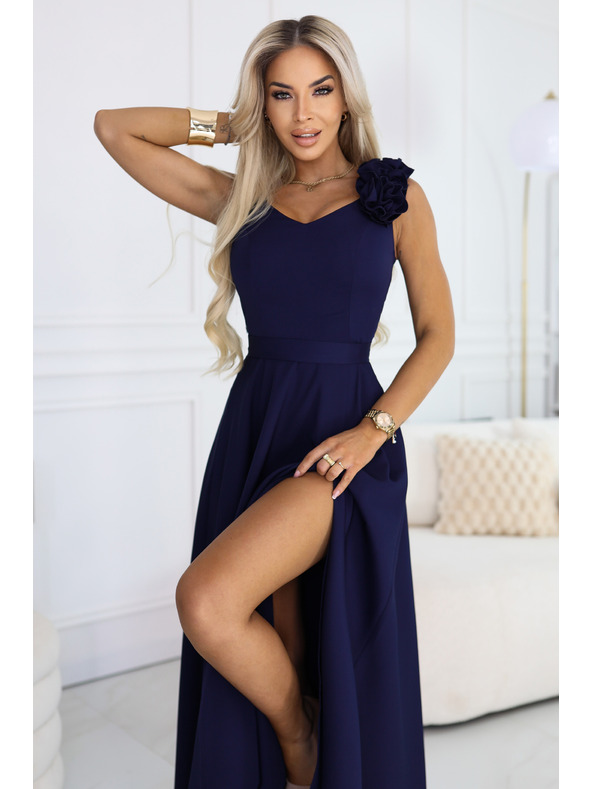 numoco Elegantne večernje maxi haljine s prorezom i ružama - mornarsko plava