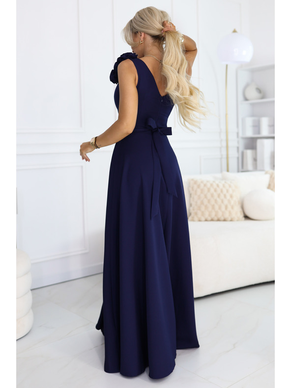 numoco Elegantne večernje maxi haljine s prorezom i ružama - mornarsko plava