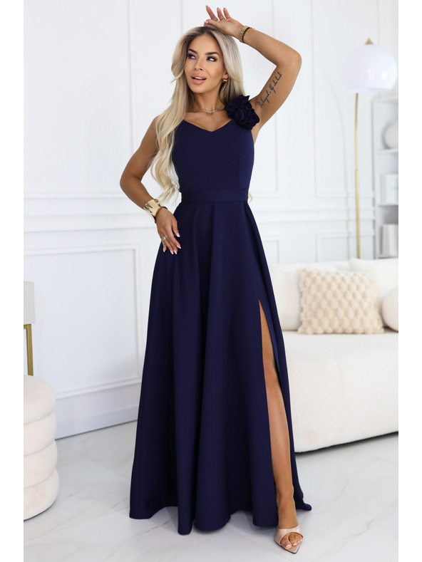 numoco Elegantne večernje maxi haljine s prorezom i ružama - mornarsko plava