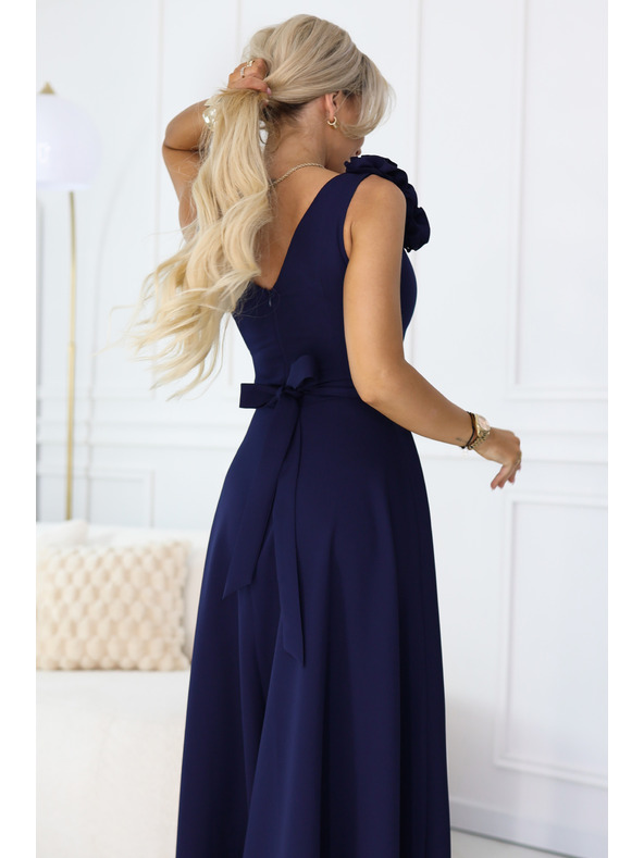 numoco Elegantne večernje maxi haljine s prorezom i ružama - mornarsko plava