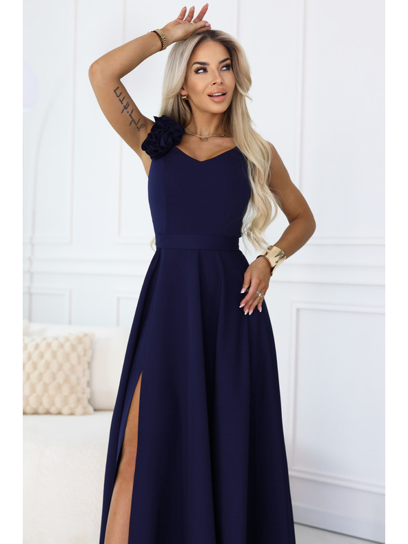 numoco Elegantne večernje maxi haljine s prorezom i ružama - mornarsko plava