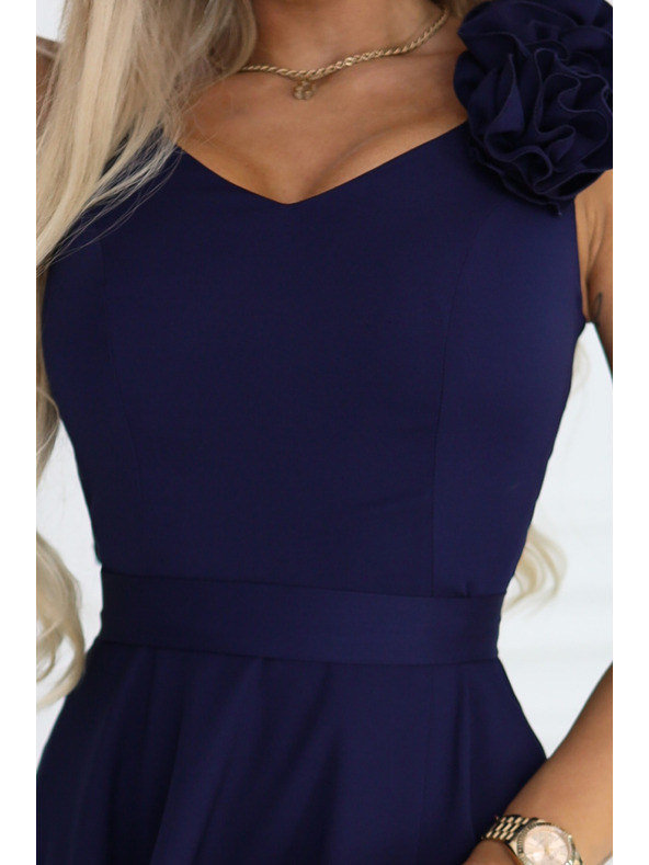 numoco Elegantne večernje maxi haljine s prorezom i ružama - mornarsko plava