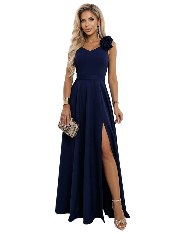 numoco Elegantne večernje maxi haljine s prorezom i ružama - mornarsko plava