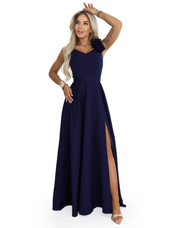 numoco Elegantne večernje maxi haljine s prorezom i ružama - mornarsko plava