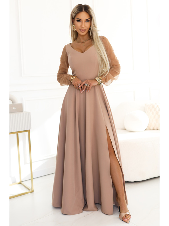 numoco LORETTA Jedinstvene duge haljine s tilom rukavima i izrezom - bež