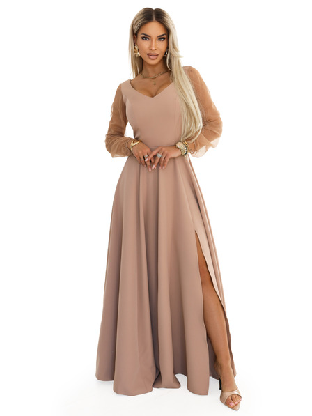 numoco LORETTA Jedinstvene duge haljine s tilom rukavima i izrezom - bež