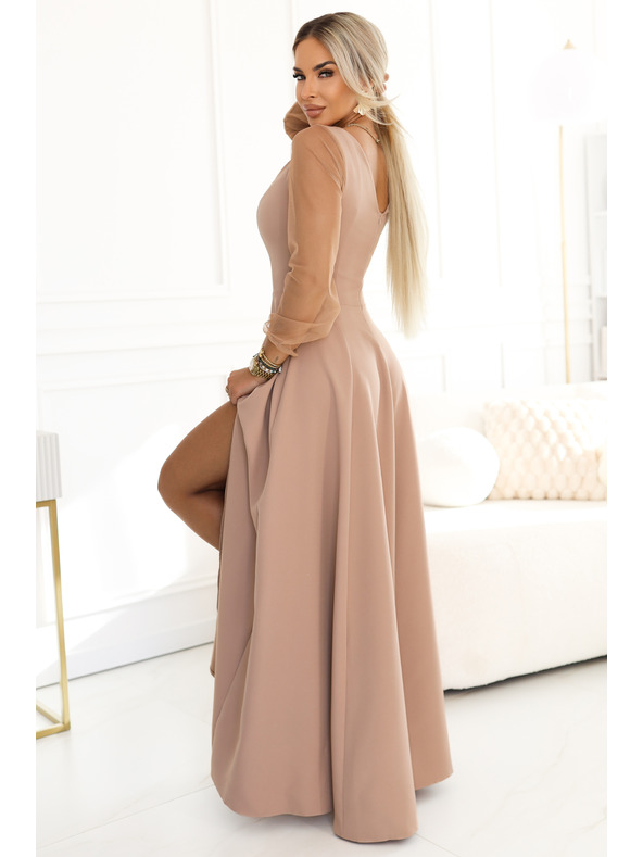 numoco LORETTA Jedinstvene duge haljine s tilom rukavima i izrezom - bež