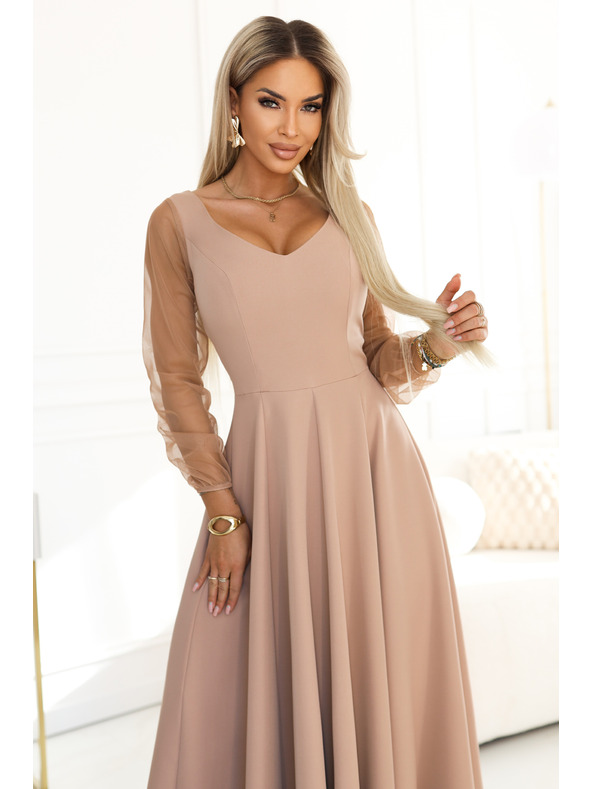 numoco LORETTA Jedinstvene duge haljine s tilom rukavima i izrezom - bež