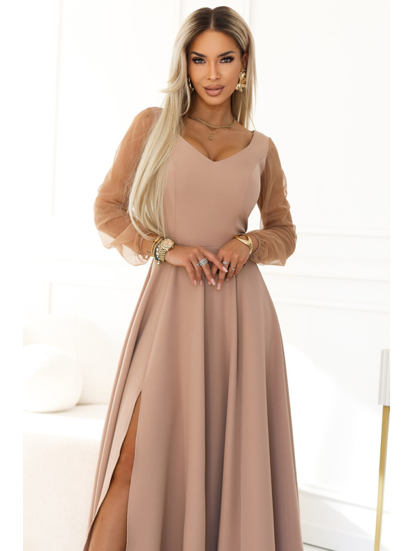 numoco LORETTA Jedinstvene duge haljine s tilom rukavima i izrezom - bež