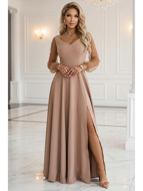 numoco LORETTA Jedinstvene duge haljine s tilom rukavima i izrezom - bež