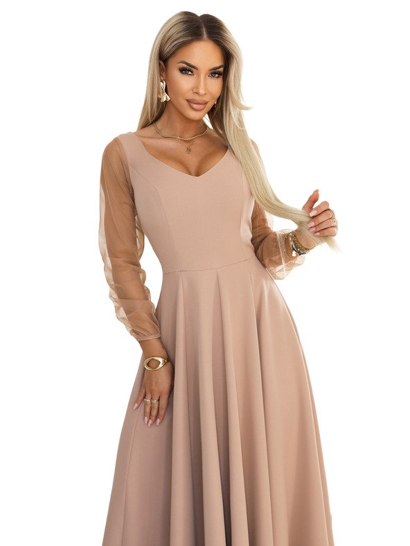 numoco LORETTA Jedinstvene duge haljine s tilom rukavima i izrezom - bež
