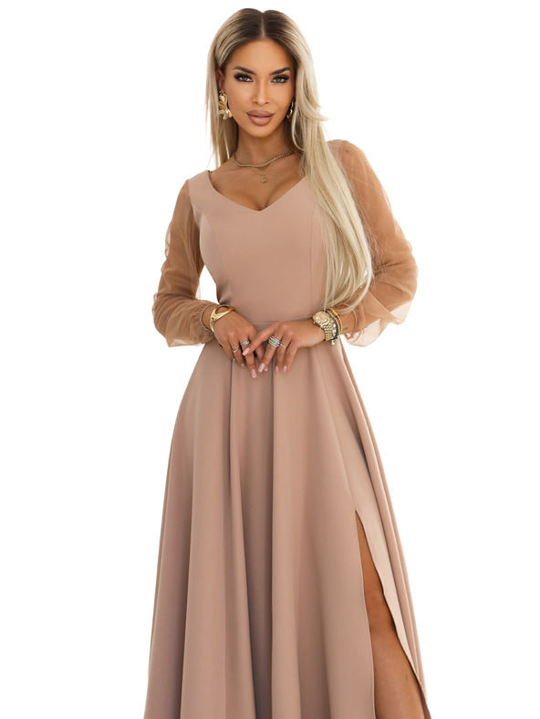 numoco LORETTA Jedinstvene duge haljine s tilom rukavima i izrezom - bež
