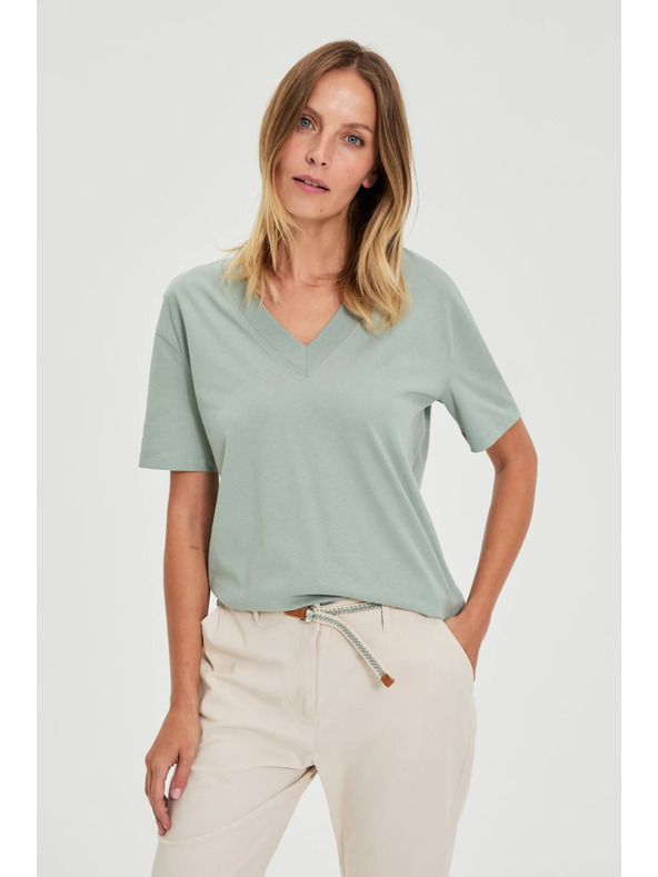 Moodo Pamučna bluza s V izrezom "V" maslinaste boje Moodo