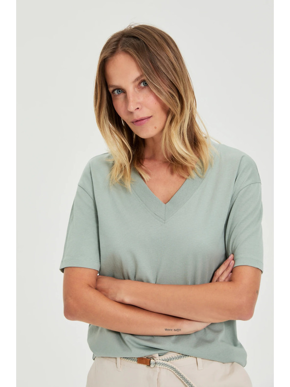 Moodo Pamučna bluza s V izrezom "V" maslinaste boje Moodo