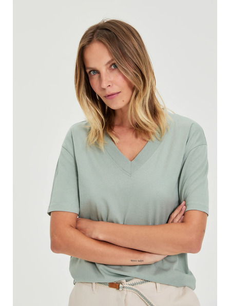 Moodo Pamučna bluza s V izrezom "V" maslinaste boje Moodo