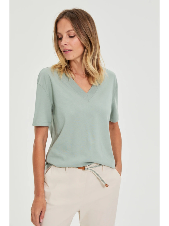 Moodo Pamučna bluza s V izrezom "V" maslinaste boje Moodo
