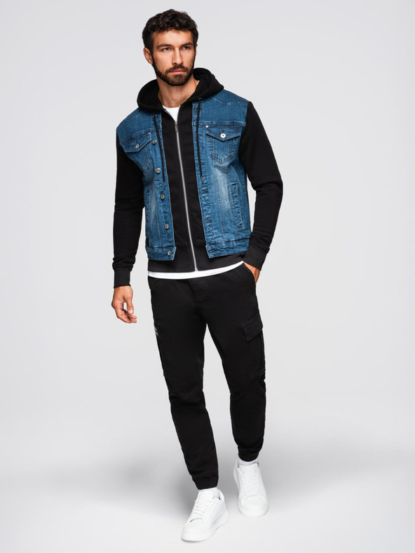 Ombre Clothing Muška farmerska jakna s pletenim rukavima i kapuljačom - plava i crna V2 OM-JADJ-0220 Ombre Clothing