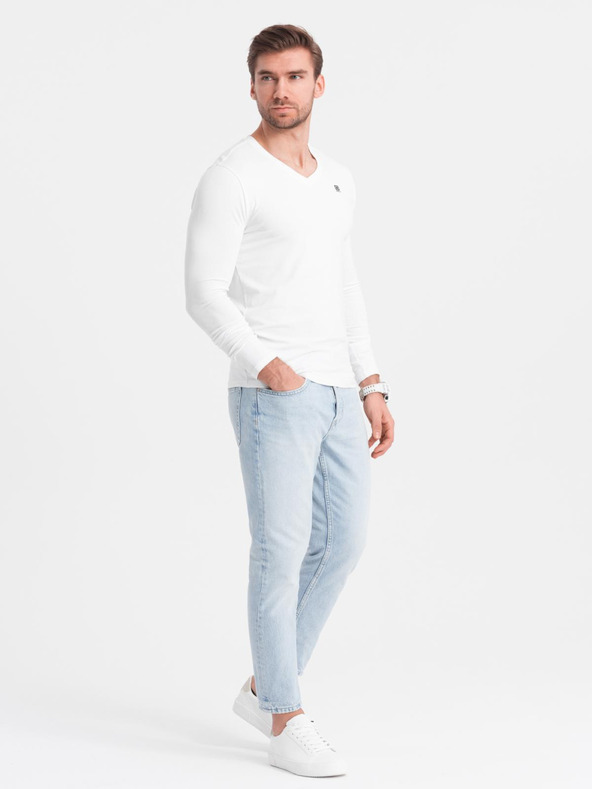Ombre Clothing Muški set SLIM FIT s dugim rukavom, V izrezom i logom 2-pack - 2x bela V4 Z103 Ombre Clothing