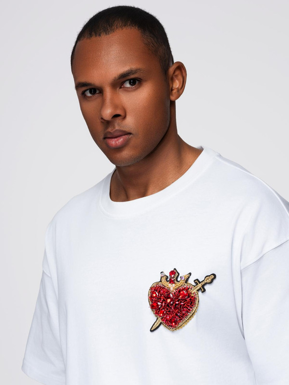 Ombre Clothing Muška pamučna majica s aplikacijom nakita na prsima - kremasto bijela V2 OM-TSCT-0290 Ombre Clothing