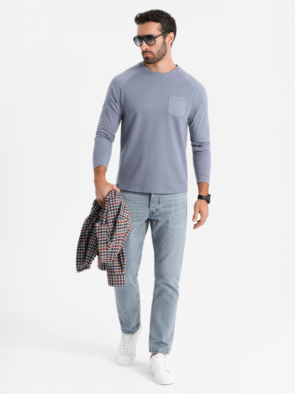 Ombre Clothing Muška pamučna majica s dugim rukavima vafelnoga pletenja i džepovima - tamnoplava tkanina V8 OM-LSCL-0109 Ombre Clothing