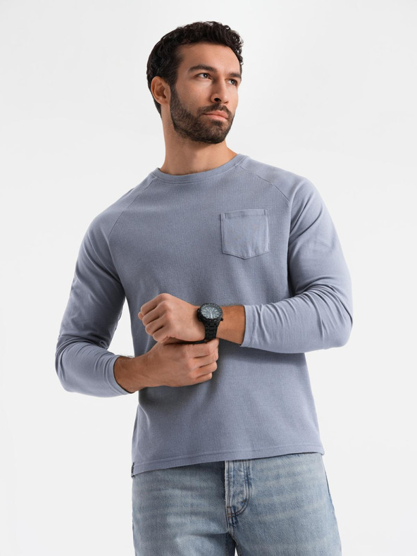 Ombre Clothing Muška pamučna majica s dugim rukavima vafelnoga pletenja i džepovima - tamnoplava tkanina V8 OM-LSCL-0109 Ombre Clothing