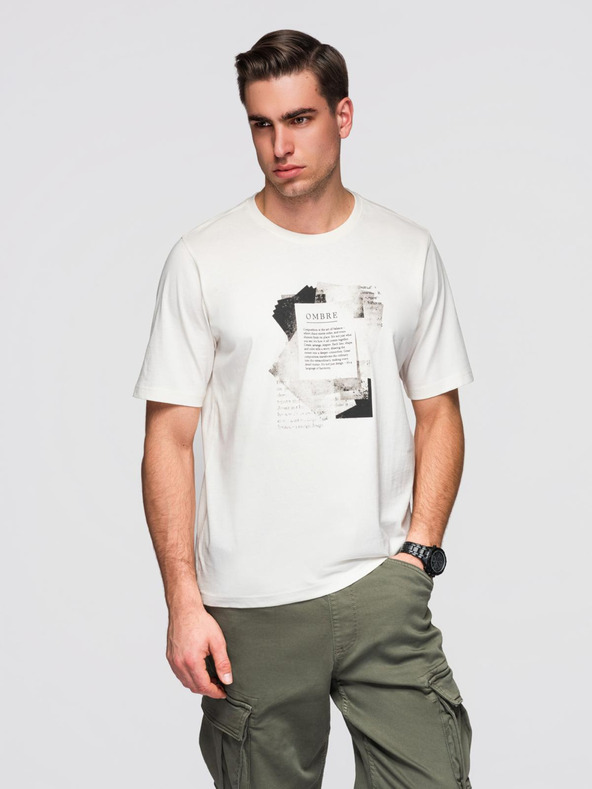 Ombre Clothing Muška pamučna majica s zanimljivim printom na prsima - bijela V2 OM-TSPT-0261 Ombre Clothing