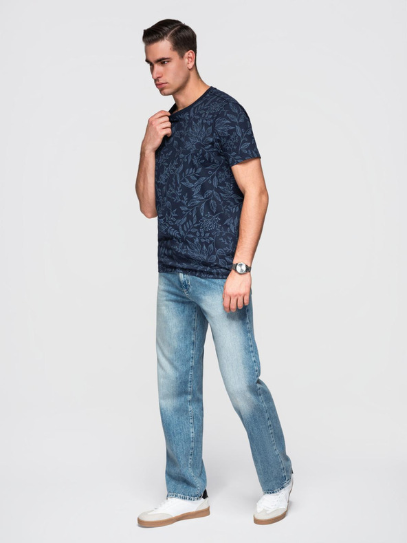 Ombre Clothing Muška pamučna majica s cvjetnim printom - tamno plava V4 OM-TSFP-0262 Ombre Clothing