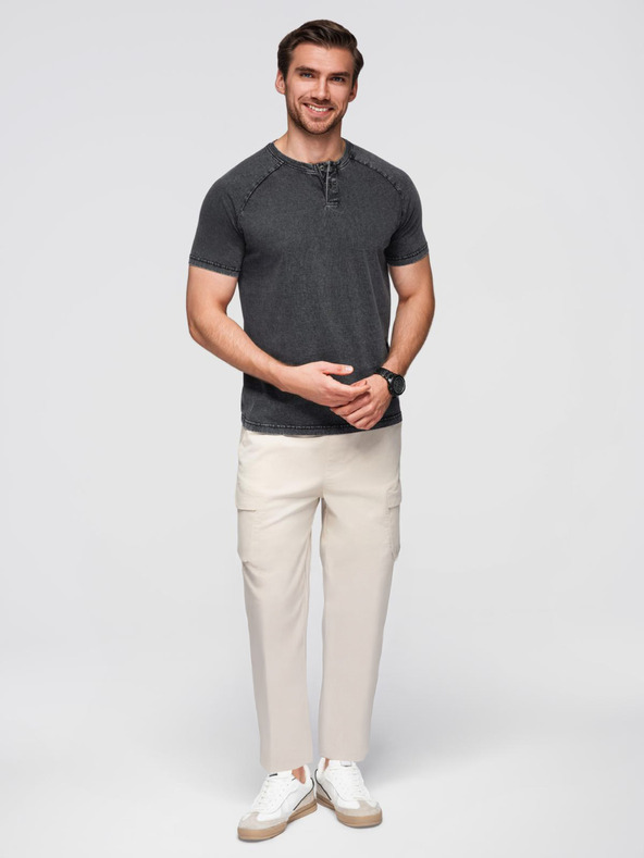 Ombre Clothing Muška majica s efektom pranja i gumbima kod vrata - crna V1 OM-TSWT-0150 Ombre Clothing