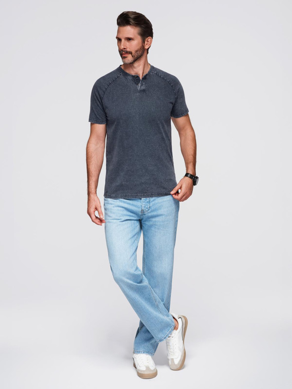 Ombre Clothing Muška majica sa efektom pranja i gumbima kod izreza - tamno plava V2 OM-TSWT-0150 Ombre Clothing